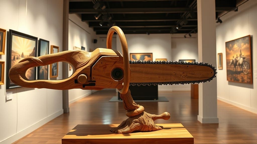 Wooden Chainsaw Sculpture Displayed in Art Gallery