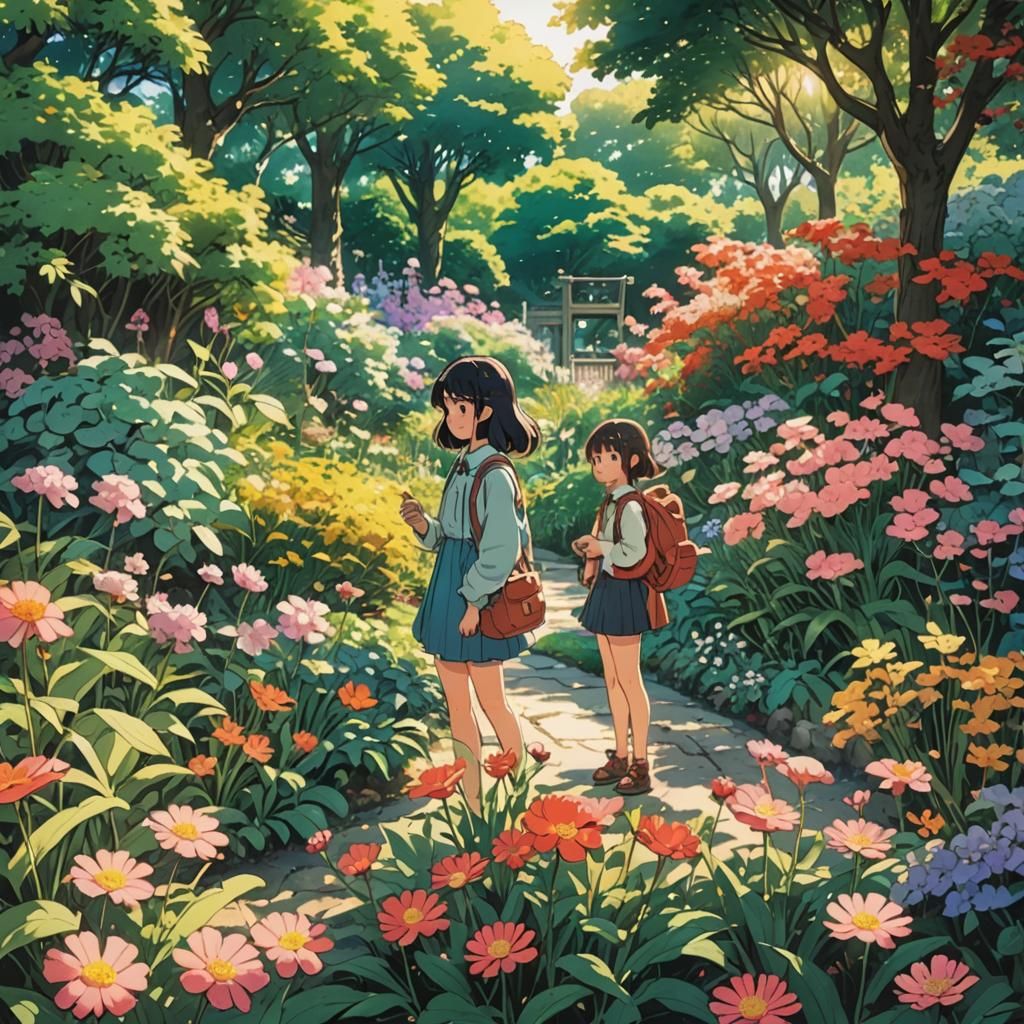 Vibrant Anime Garden Scene in Studio Trigger Style