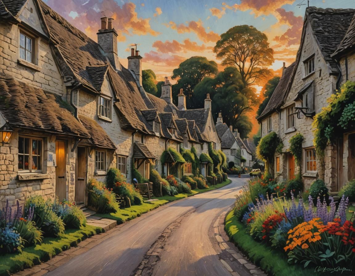 Bibury Village Sunset in Expressionist Oil Painting Style