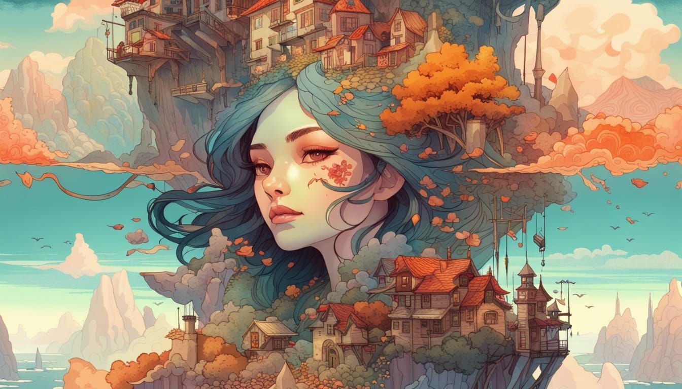 Fantasy Castle Village on Rocky Shoreline