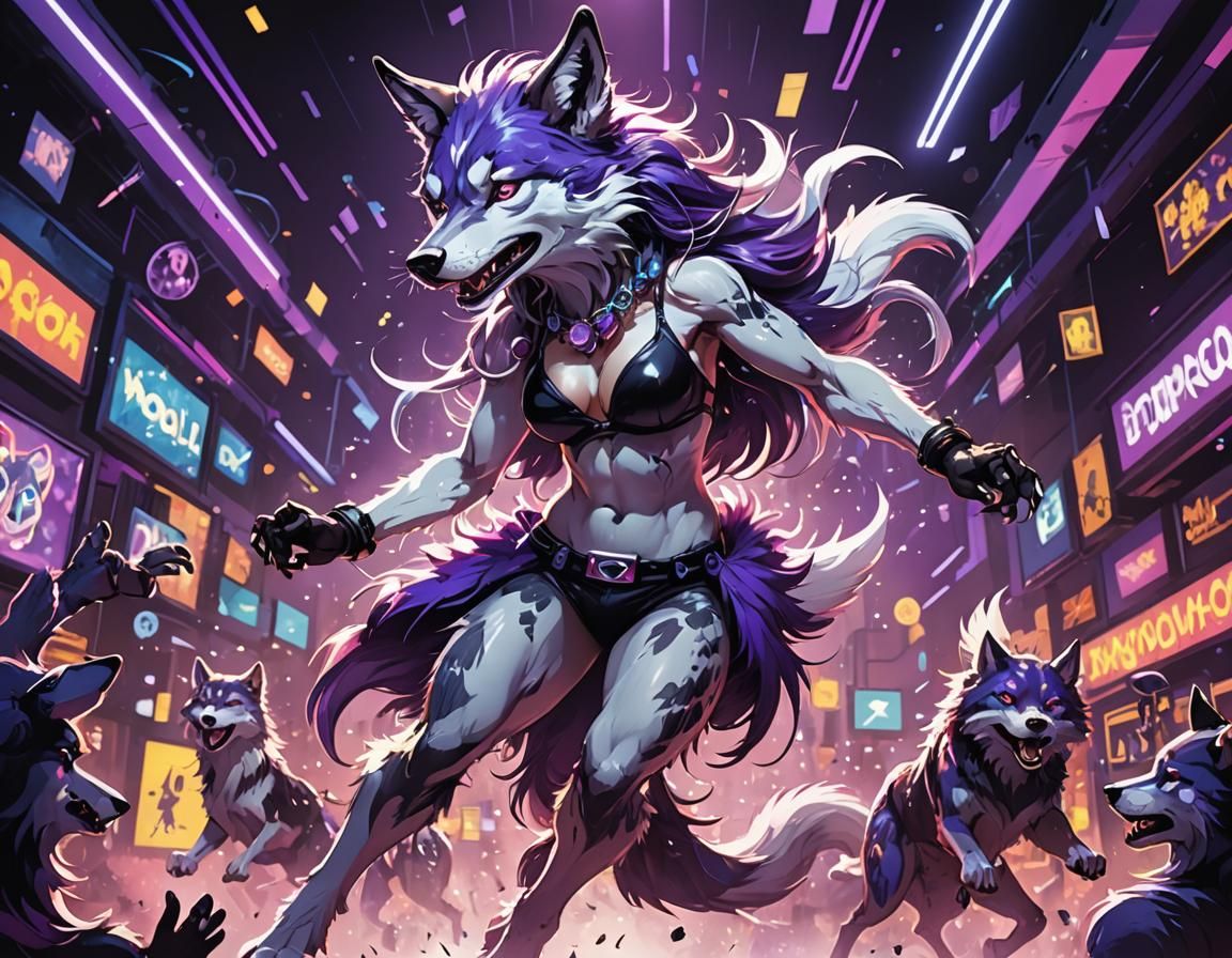 Anime Wolf Girl Dancing in Nightclub Scene