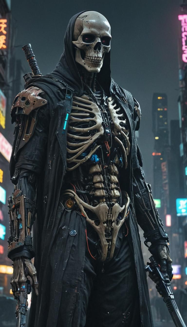Futuristic Cyberpunk Grim Reaper in Neon Cityscape