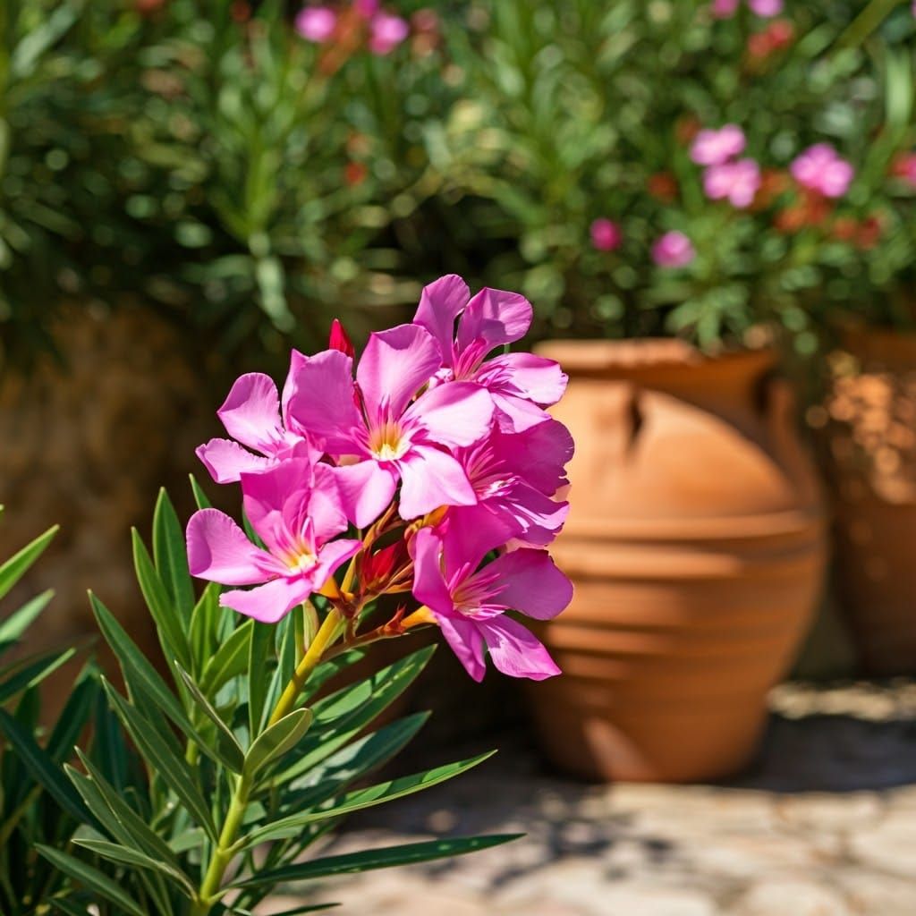 Oleander Flowers in Mediterranean Garden, Impressionist Styl...