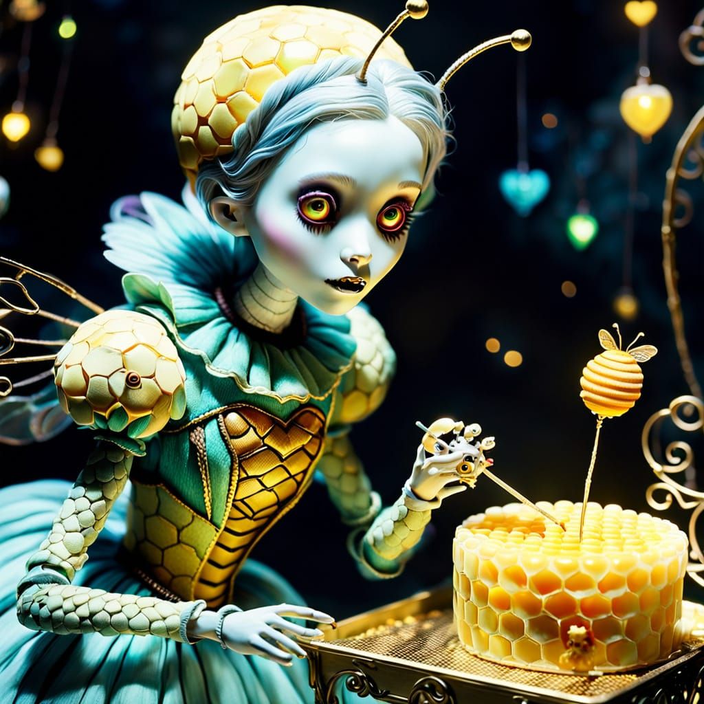 Eerie Bee Creature Offers Sweets in Dreamlike Setting