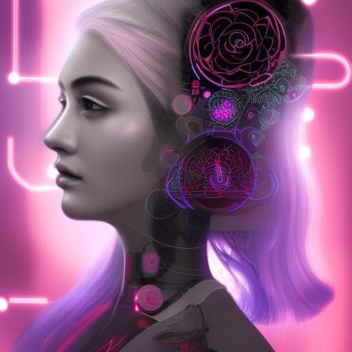 Cyberpunk Woman Portrait with Glowing Lights and Flowers