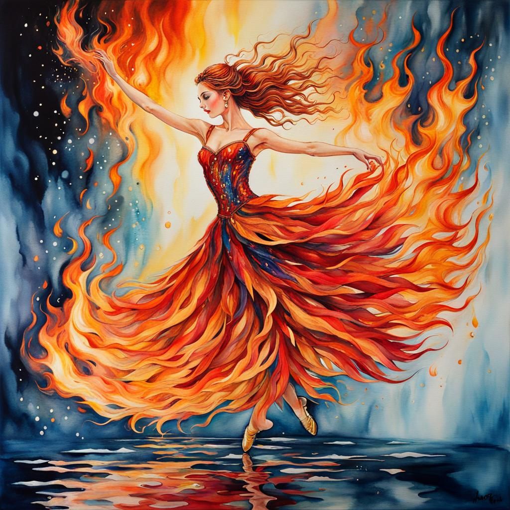 Flaming Ballerina Ice Skating on Fire Lake