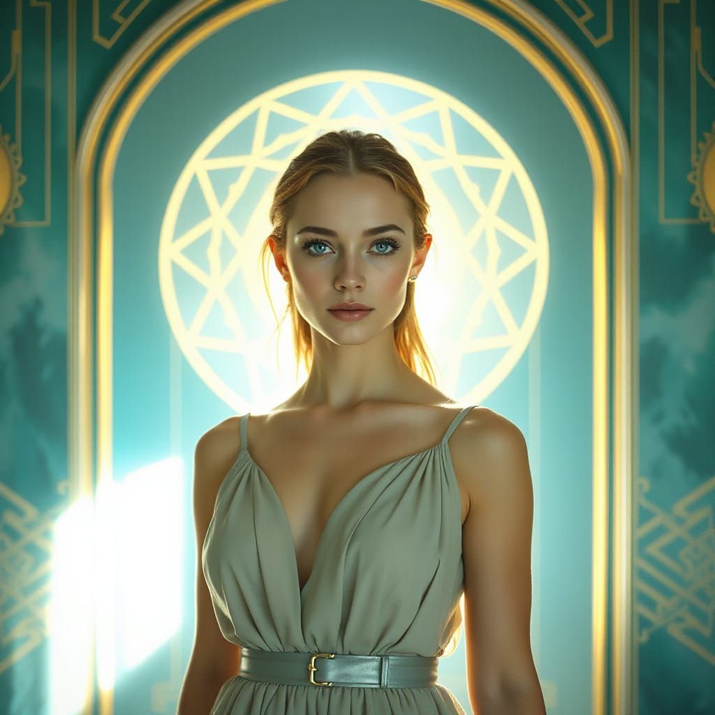 Luminous Woman in Futuristic Golden Chamber