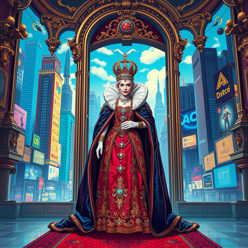 Queen Enters Modern Cityscape: Art Nouveau Fusion