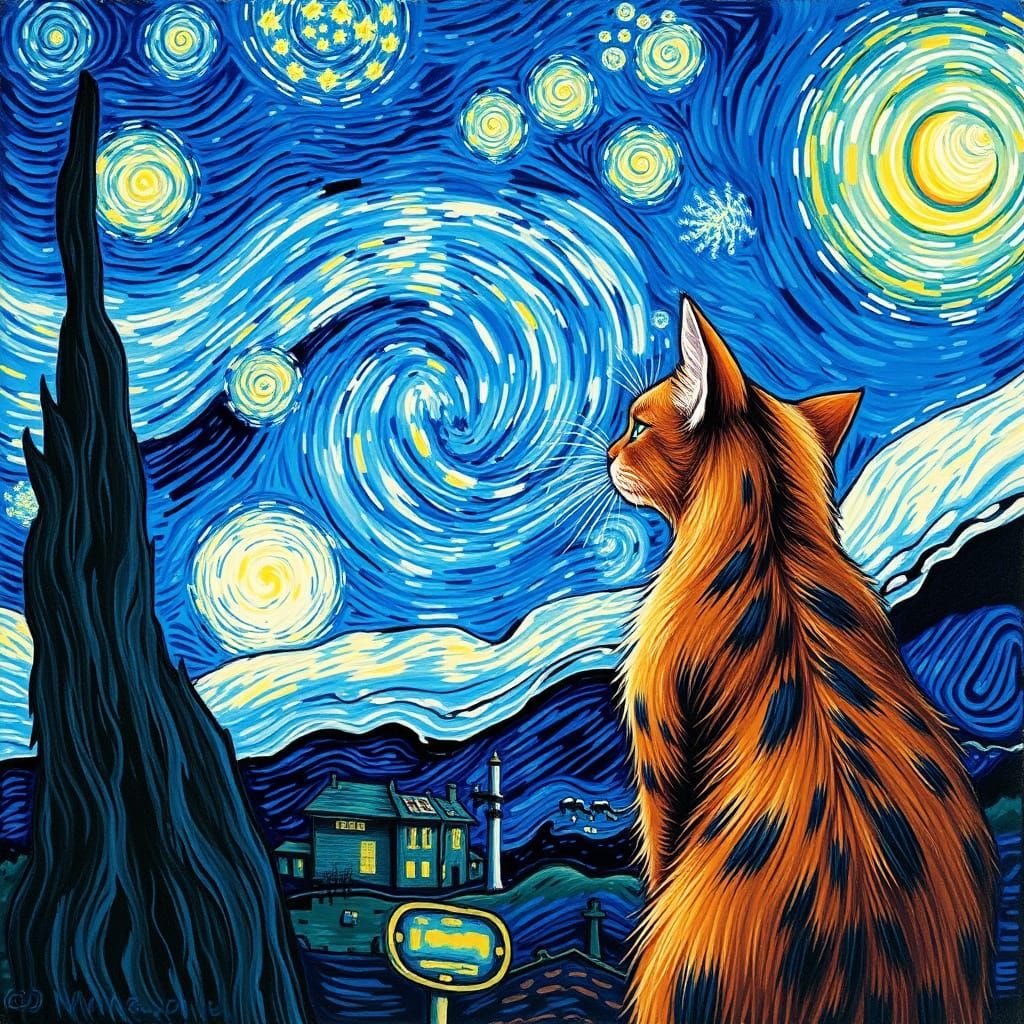 Cat Watching Moon in Starry Night Style