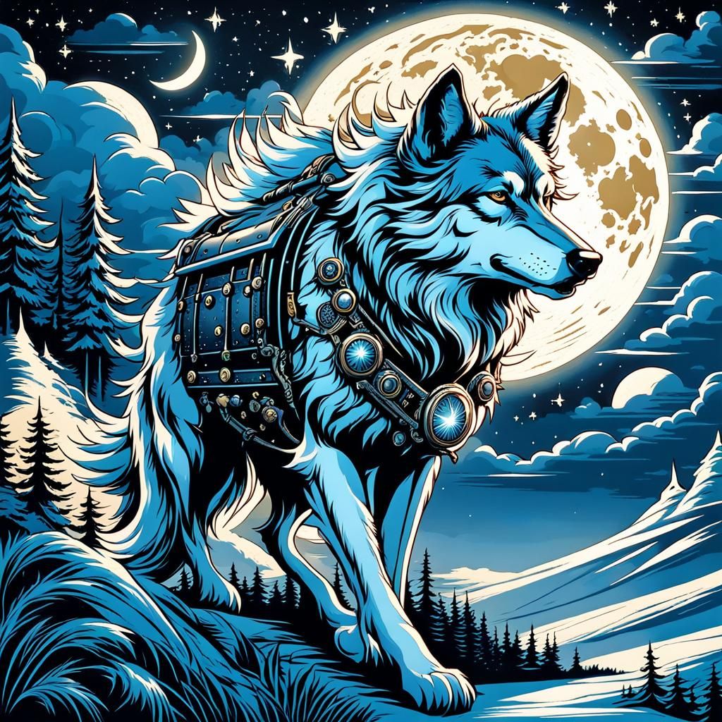 Steampunk Wolf under Starry Night