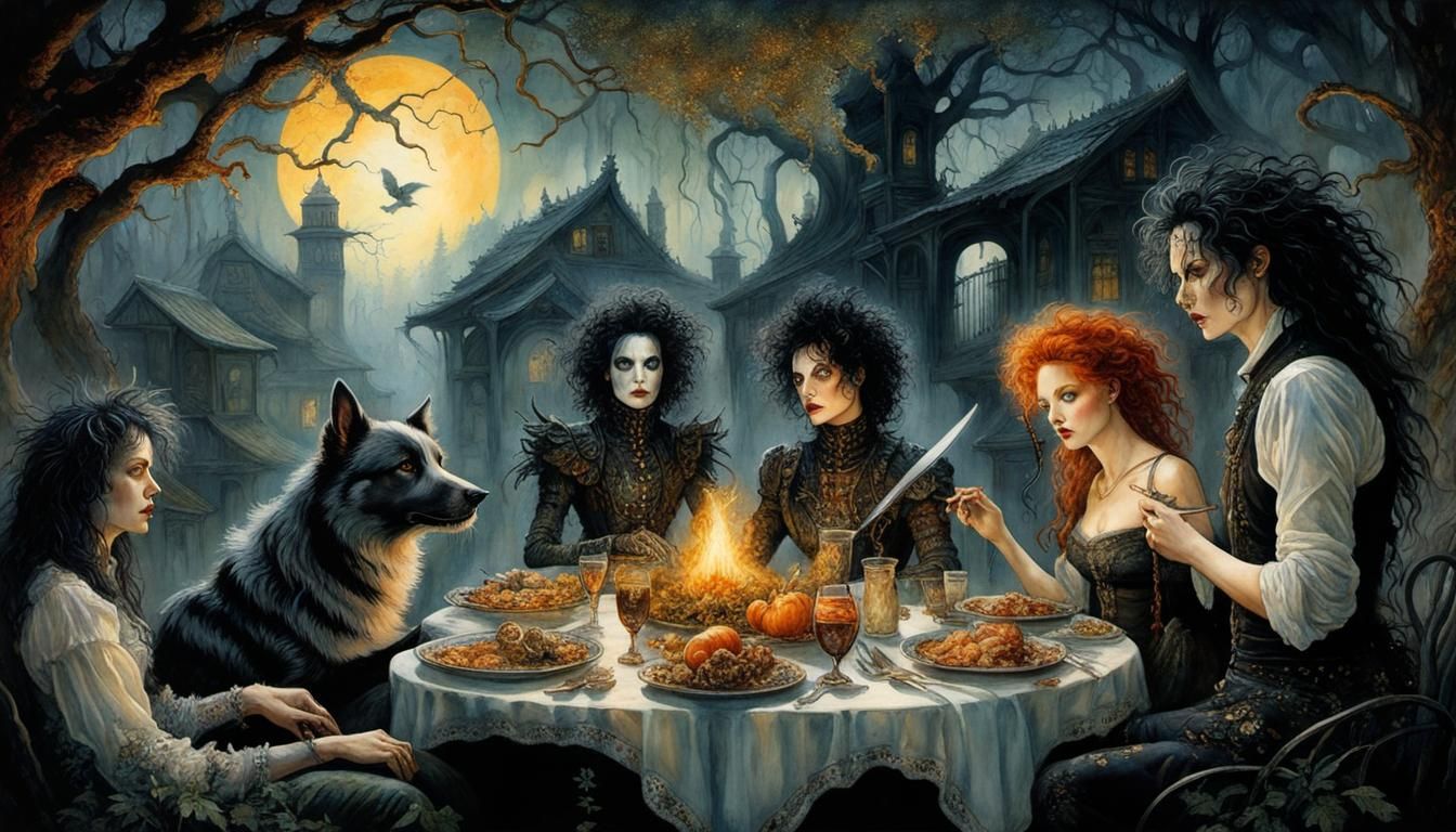 Edward Scissorhands Cafe Scene in Pointillist Watercolor