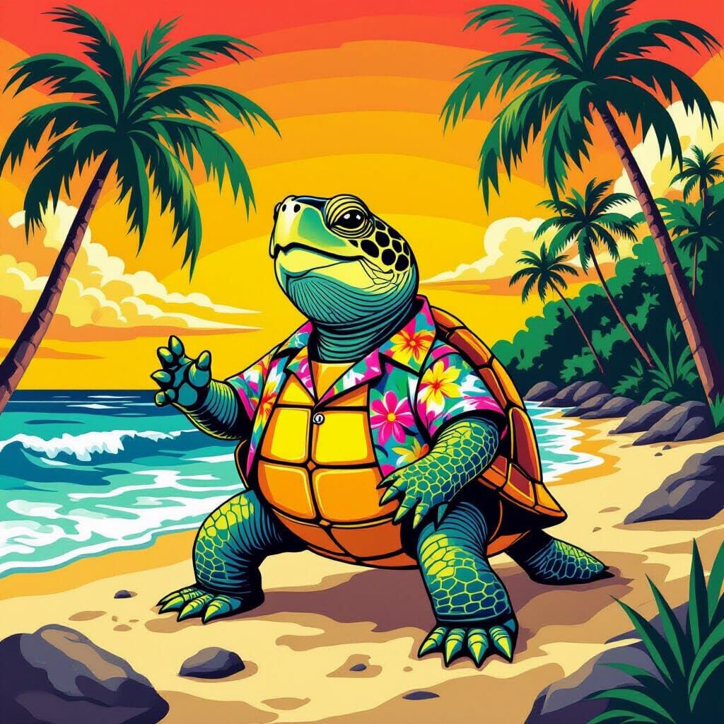 Singing Turtle in Hawaiian Shirt on Beach
