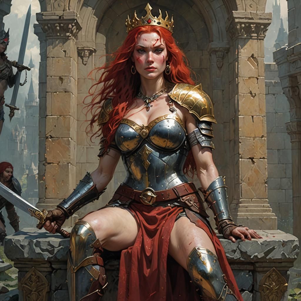 Red Sonja on Gothic Throne, Impressionist Concept Art