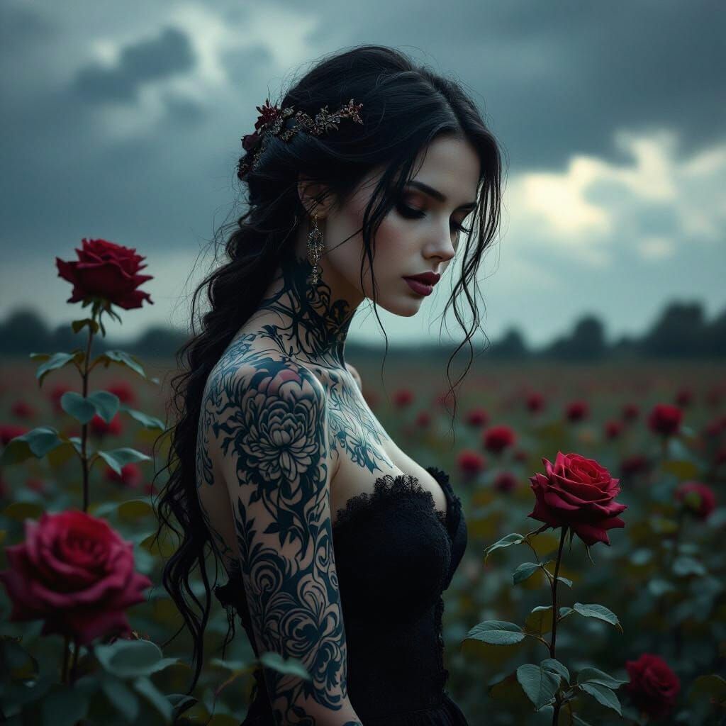 Ethereal Woman with Tattoos in Stormy Rose Field