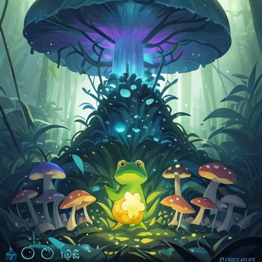Glass Frog on Luminous Mushroom, Fantasy Concept Art