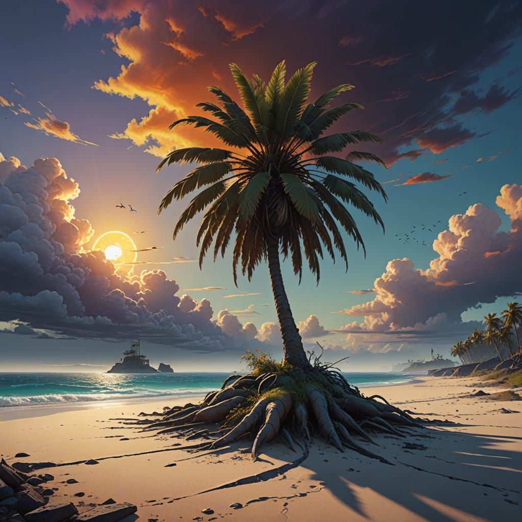 Majestic Palm Tree on Deserted Island at Sunset
