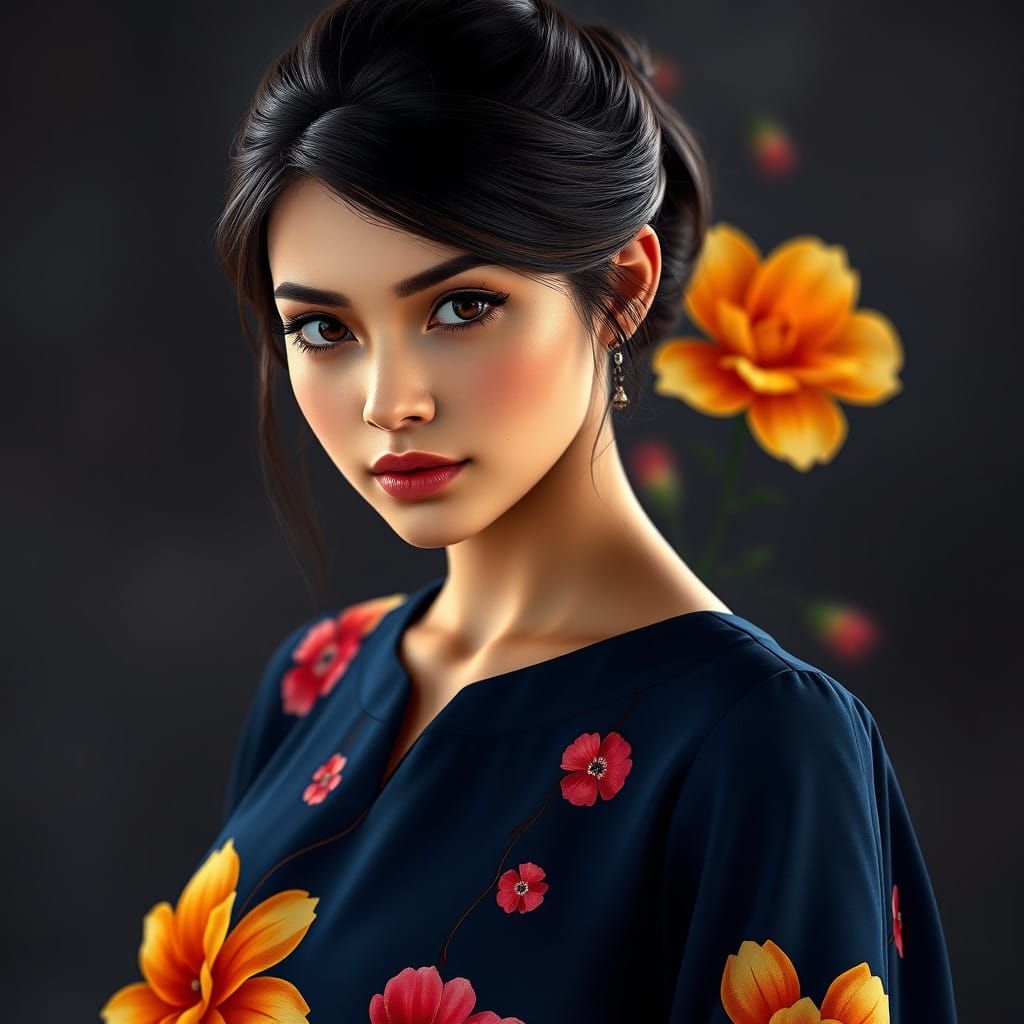 Regal Fantasy Woman with Hyper-Realistic Flowers in a Vibran...