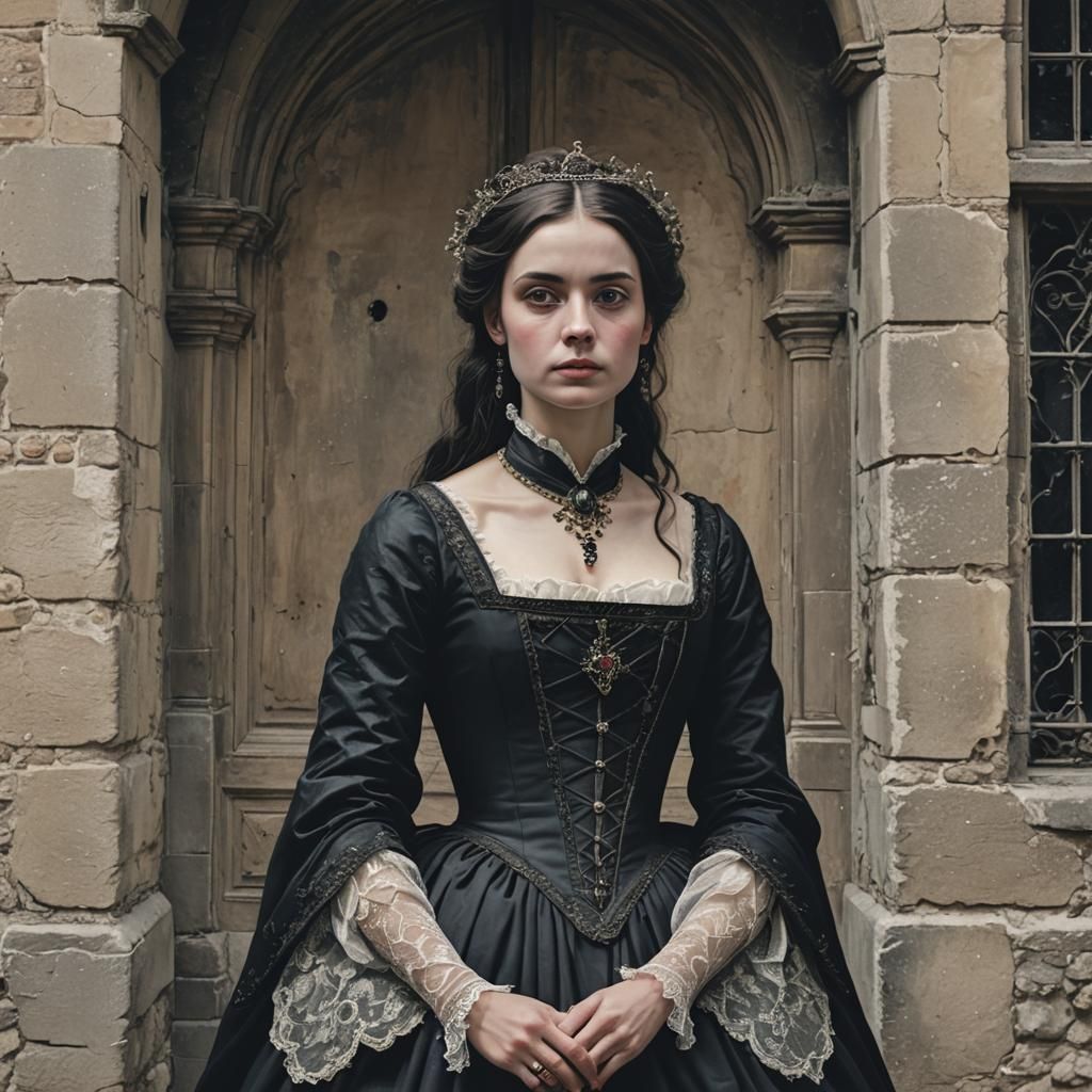 Gothic Woman in Haunted Castle Courtyard