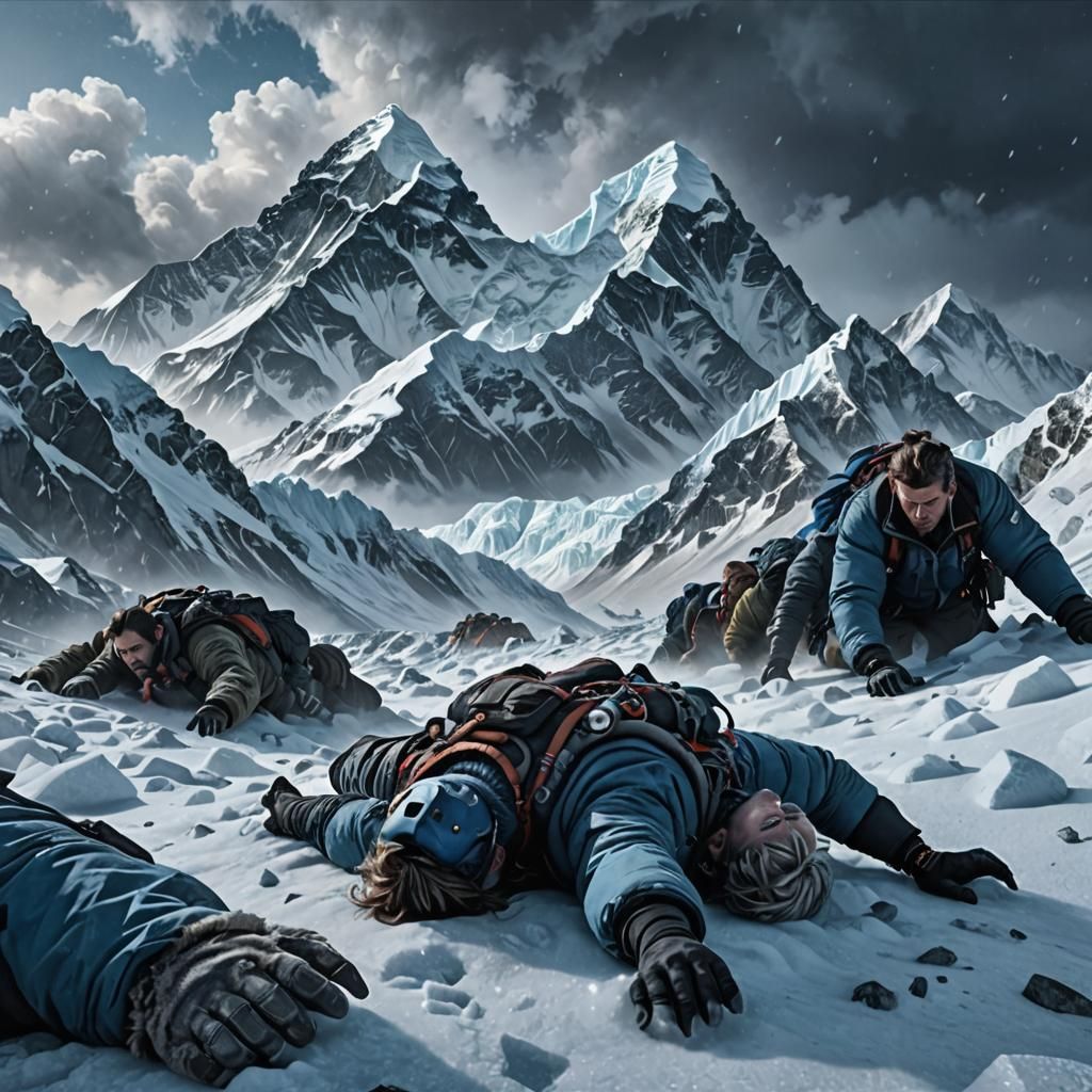 Frozen Corpses on Mount Everest in Snowstorm