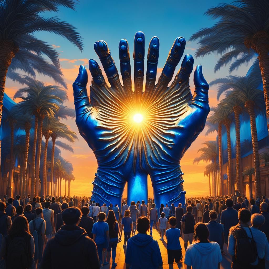 Gargantuan Metal Hand Sculpture with Glowing Portal