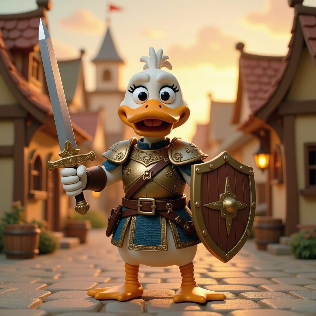 Claymation Duck Fighter in Medieval Village