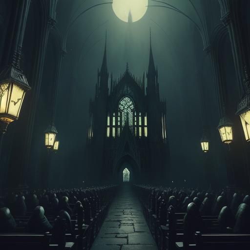 Dark Fantasy Bank Interior with Gothic Architecture