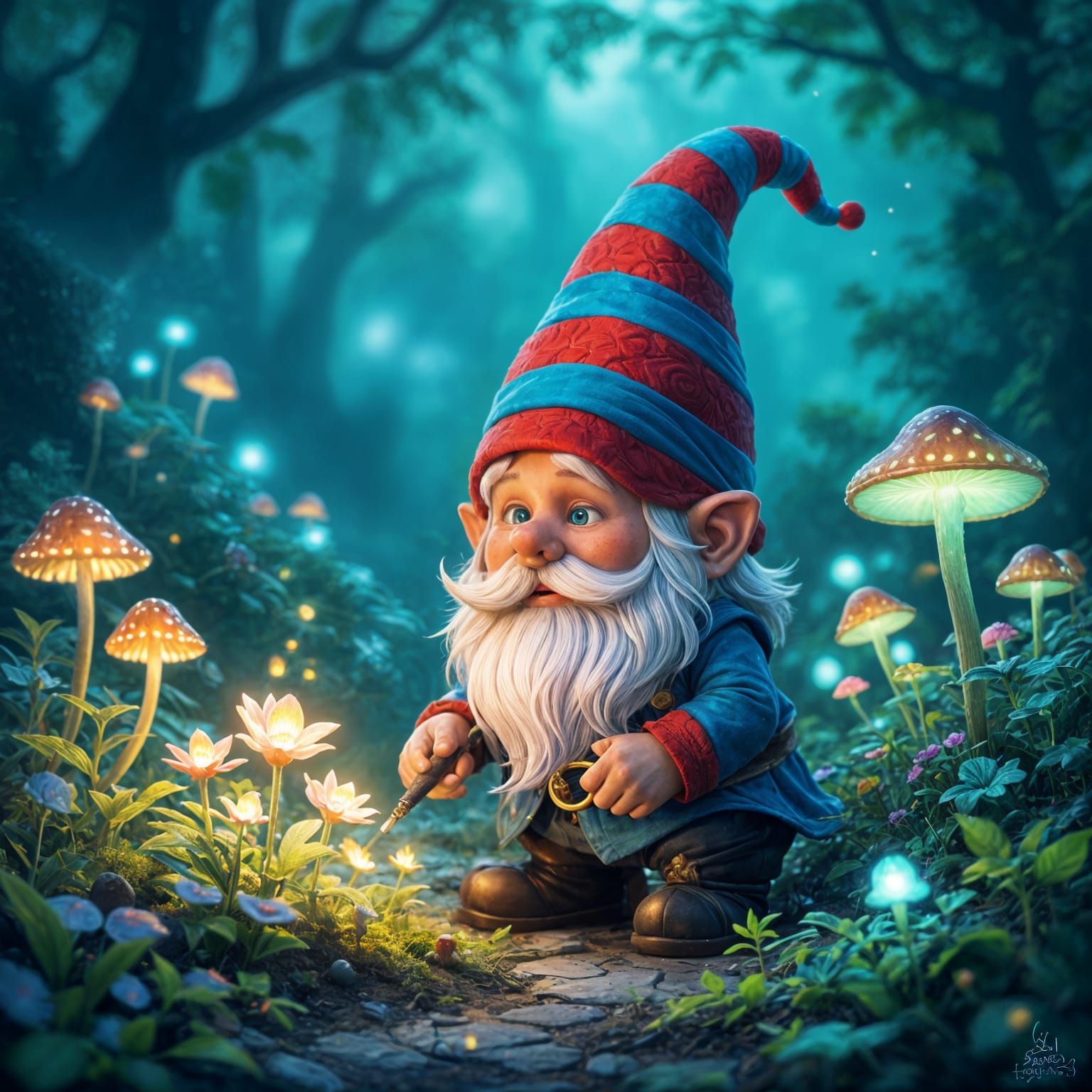 Whimsical Gnome Tends Glowing Mushroom Garden