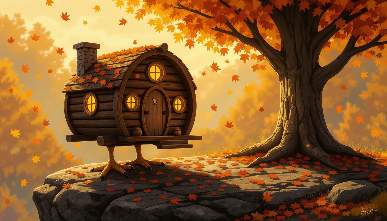 Whimsical Log Cabin on Chicken Leg in Autumn