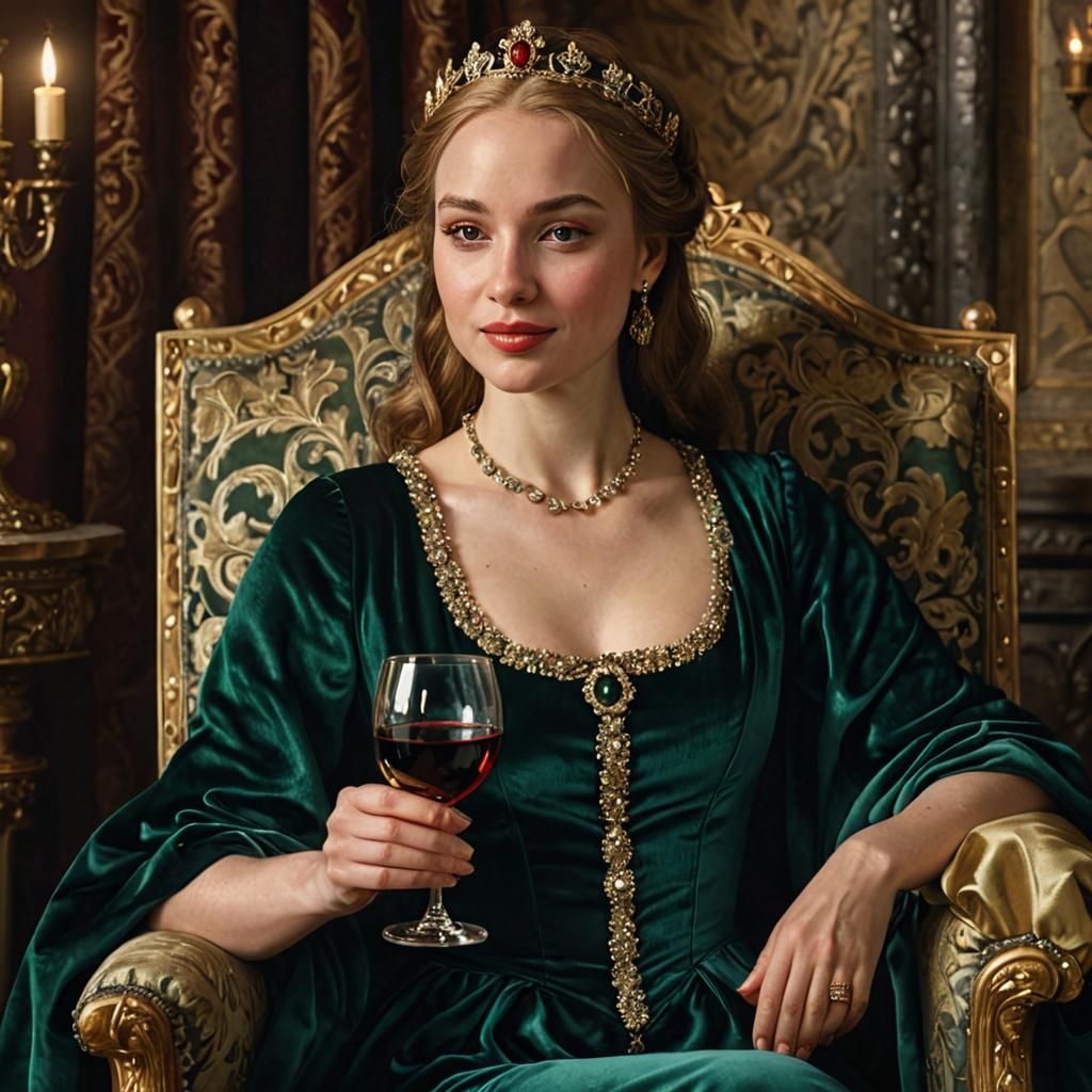 Medieval Queen in Royal Portrait with Wine