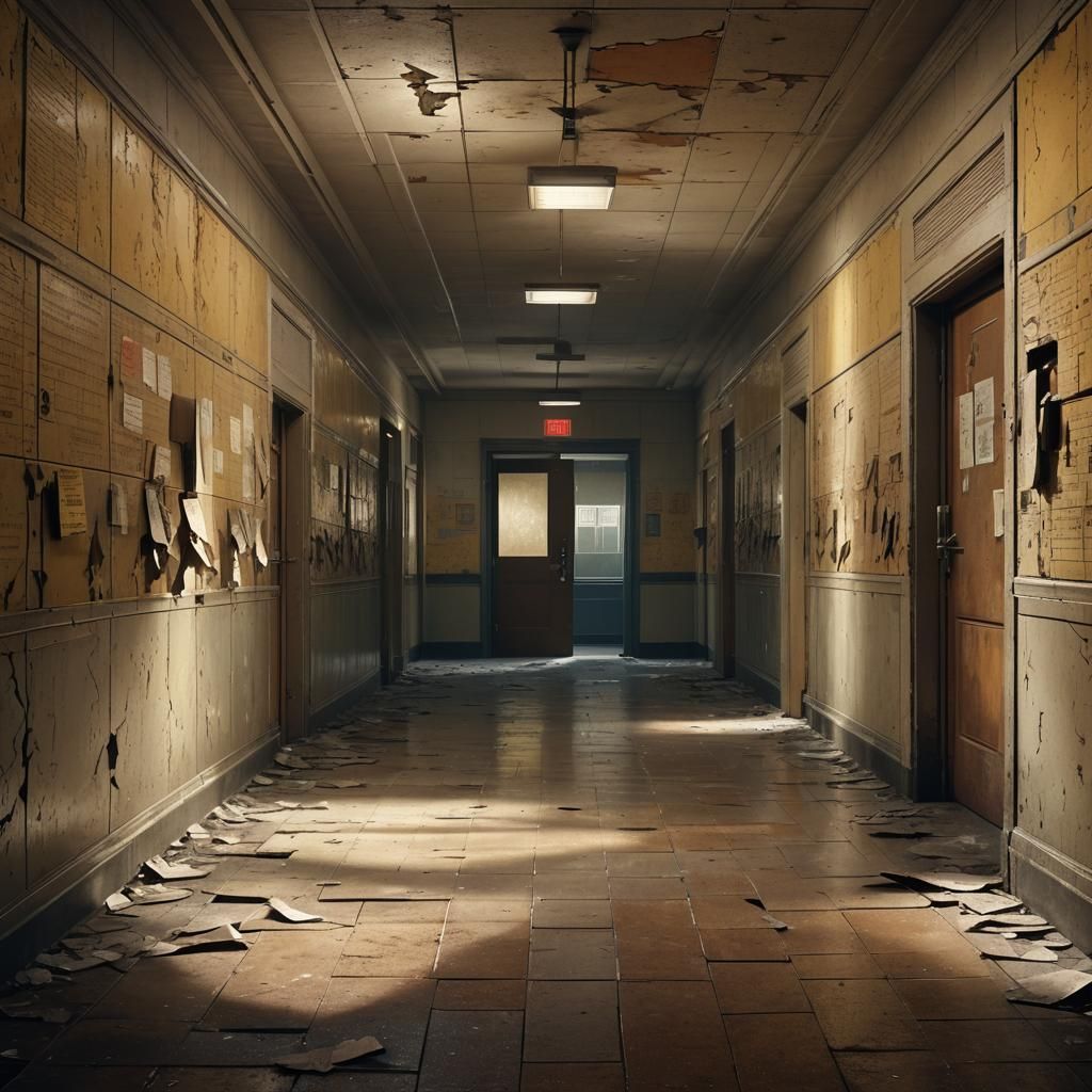 Eerie School Hallway with Flickering Lights