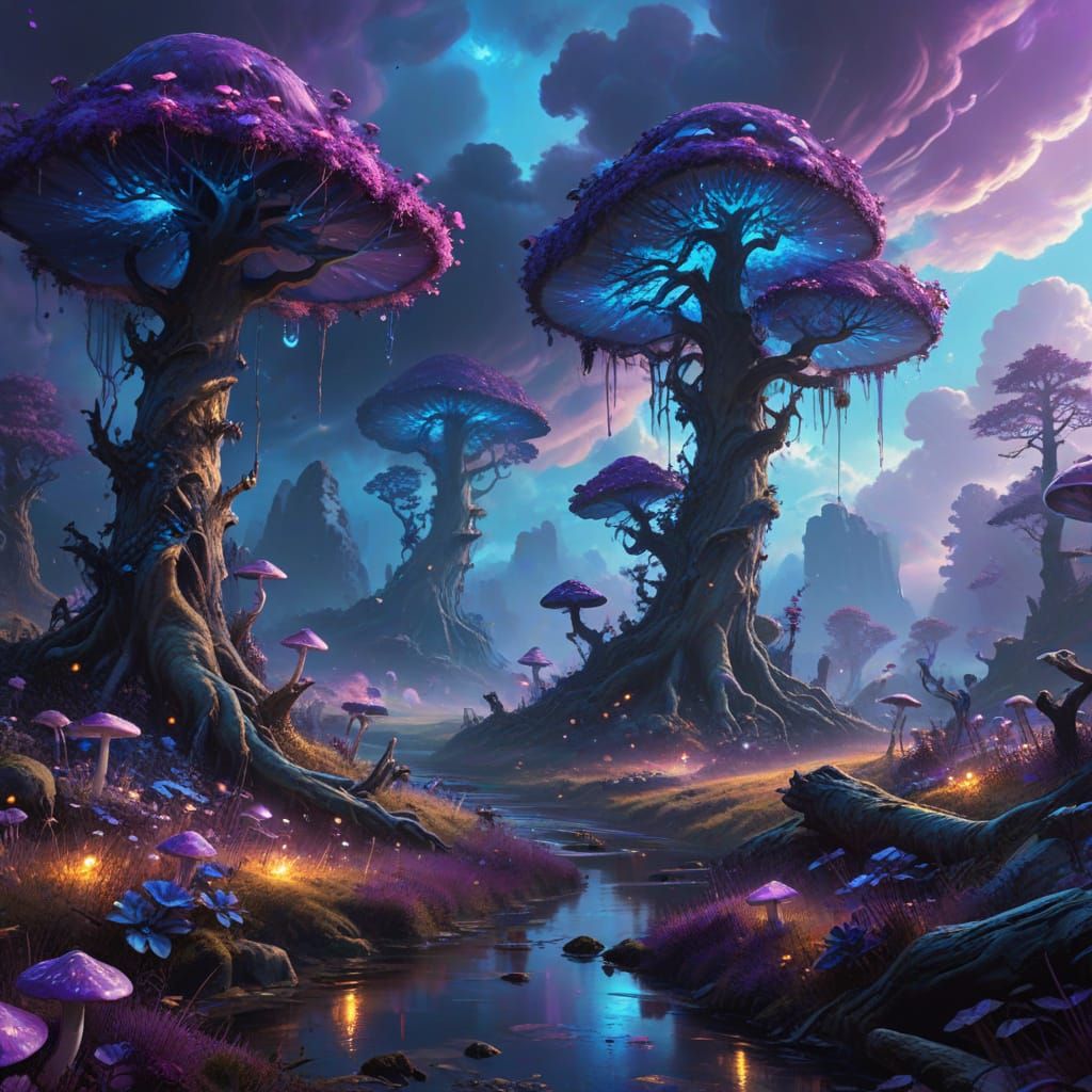 Mystical Landscape with Glowing Mushrooms as Digital Art
