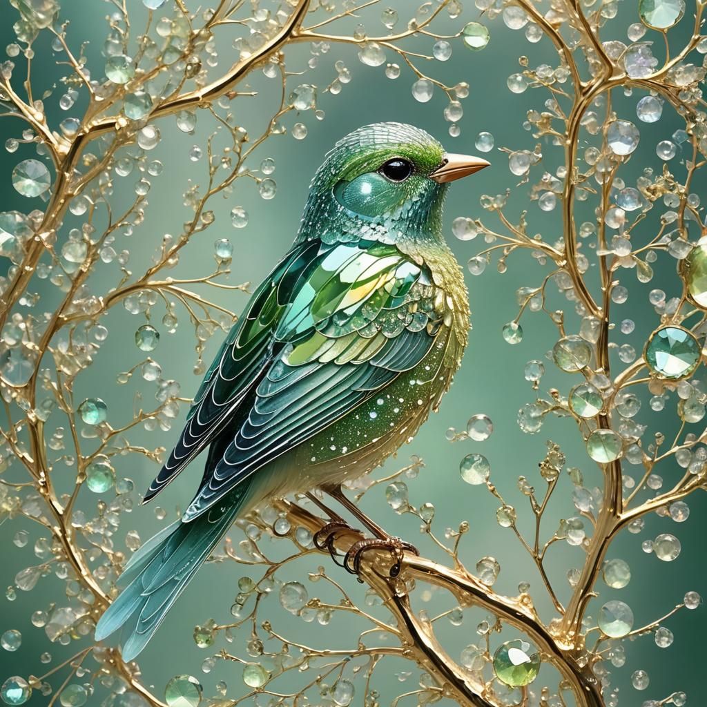 Sparkling Mint Bird Portrait with Golden Filigree