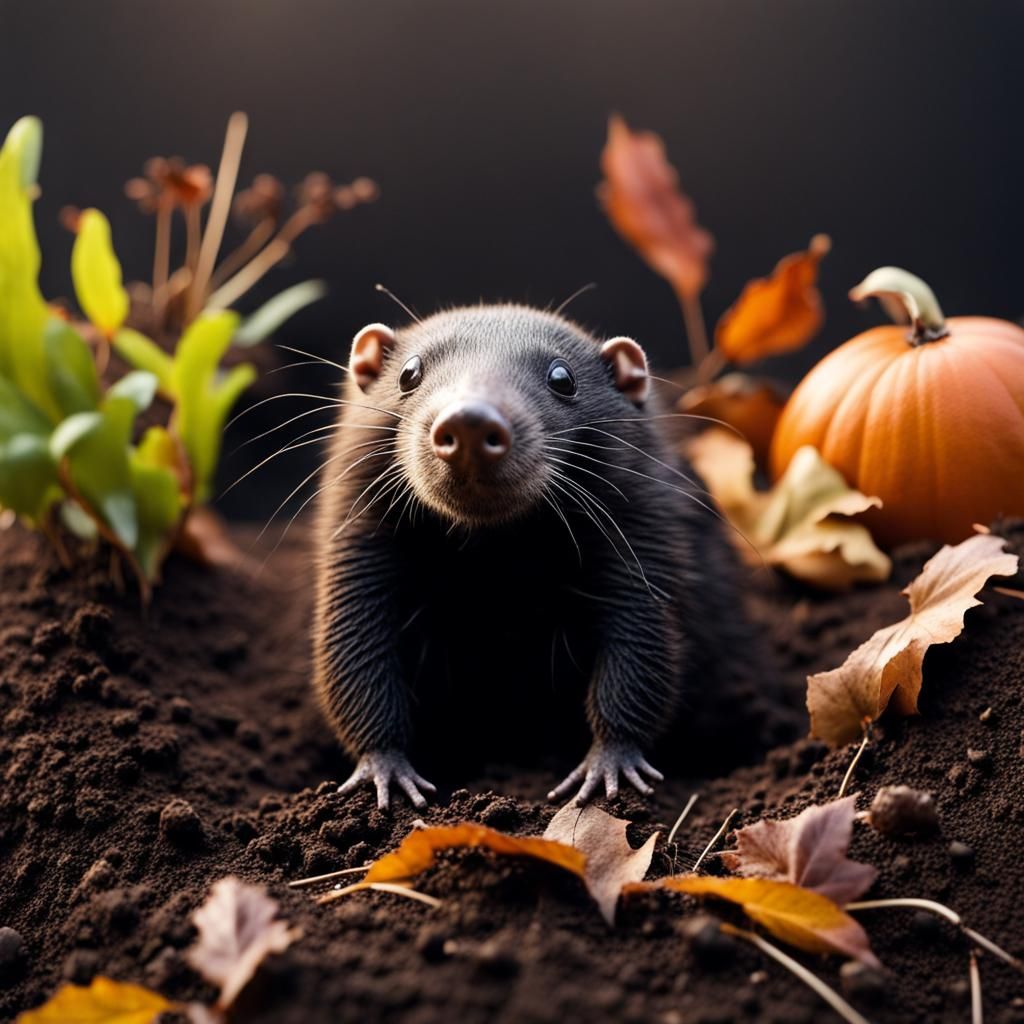 Mole Emerging from Earth in Autumn Garden