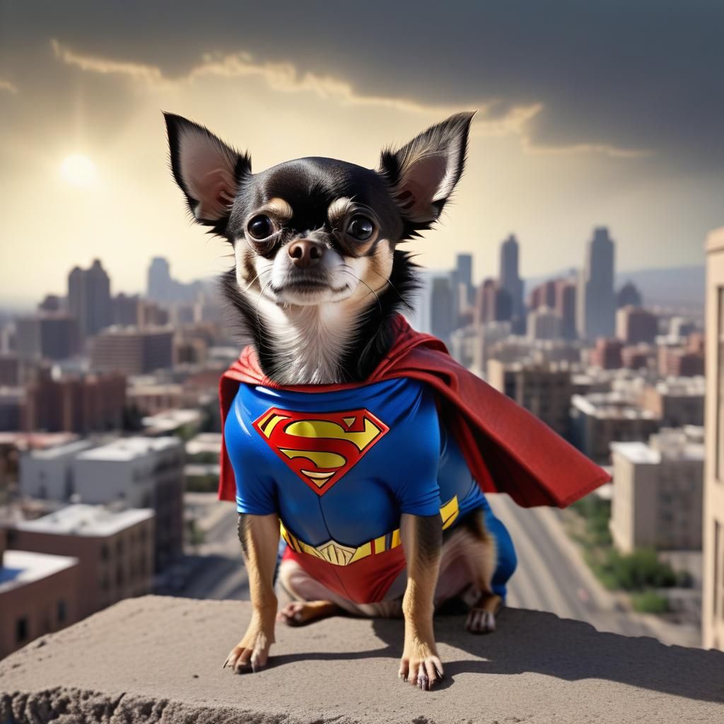 Realistic Superhero Chihuahua in Urban Landscape