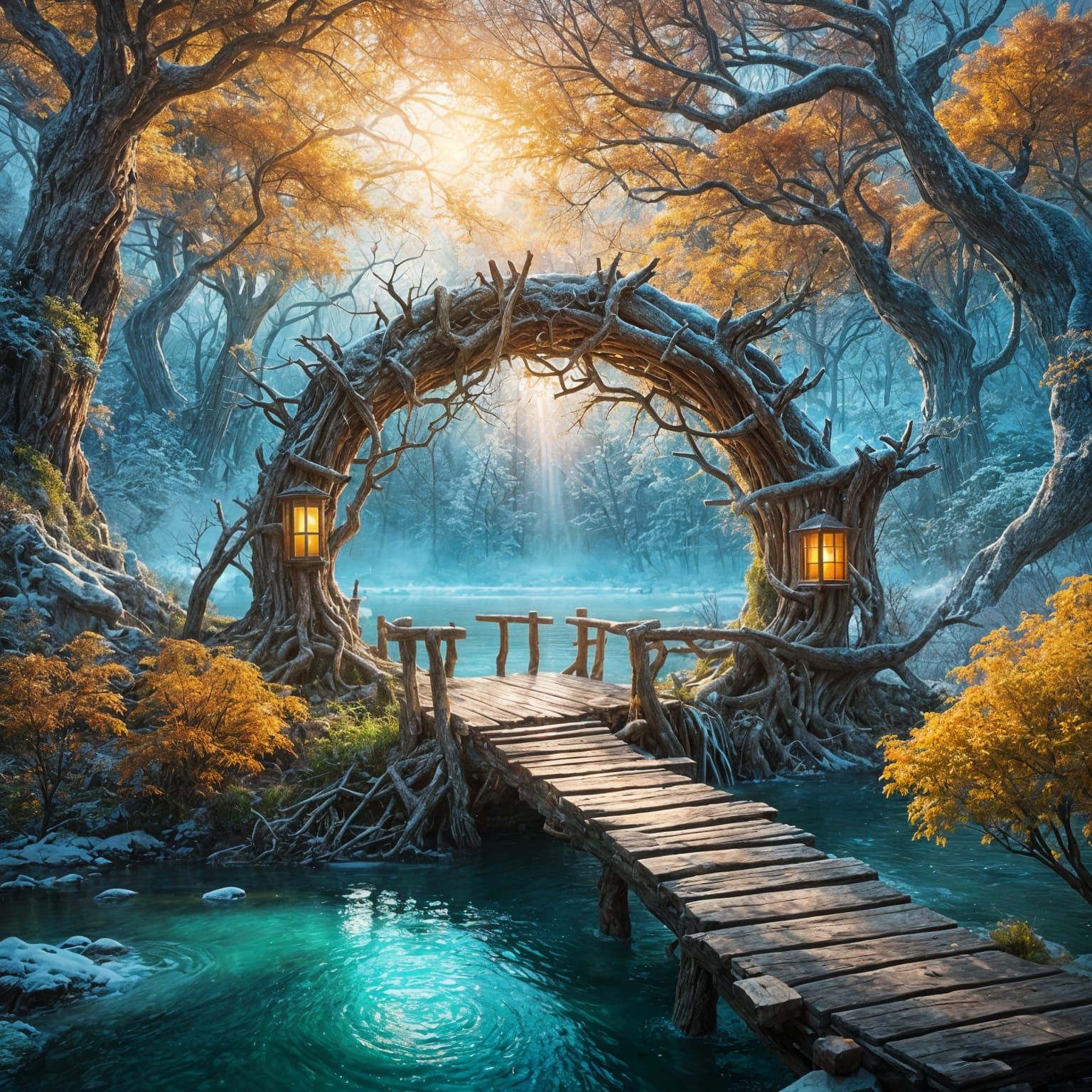 Enchanting Winter Portal Ring in Misty Forest Sunrise