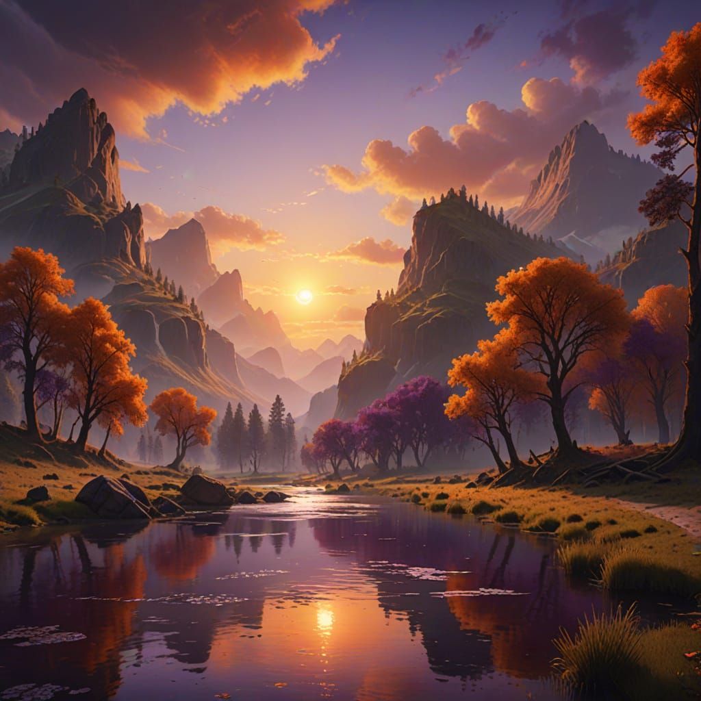 Sunset River Landscape in Bierstadt Style