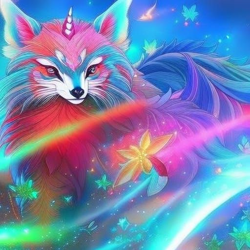 Unicorn Peacock Red Panda Hybrid in Ethereal Style