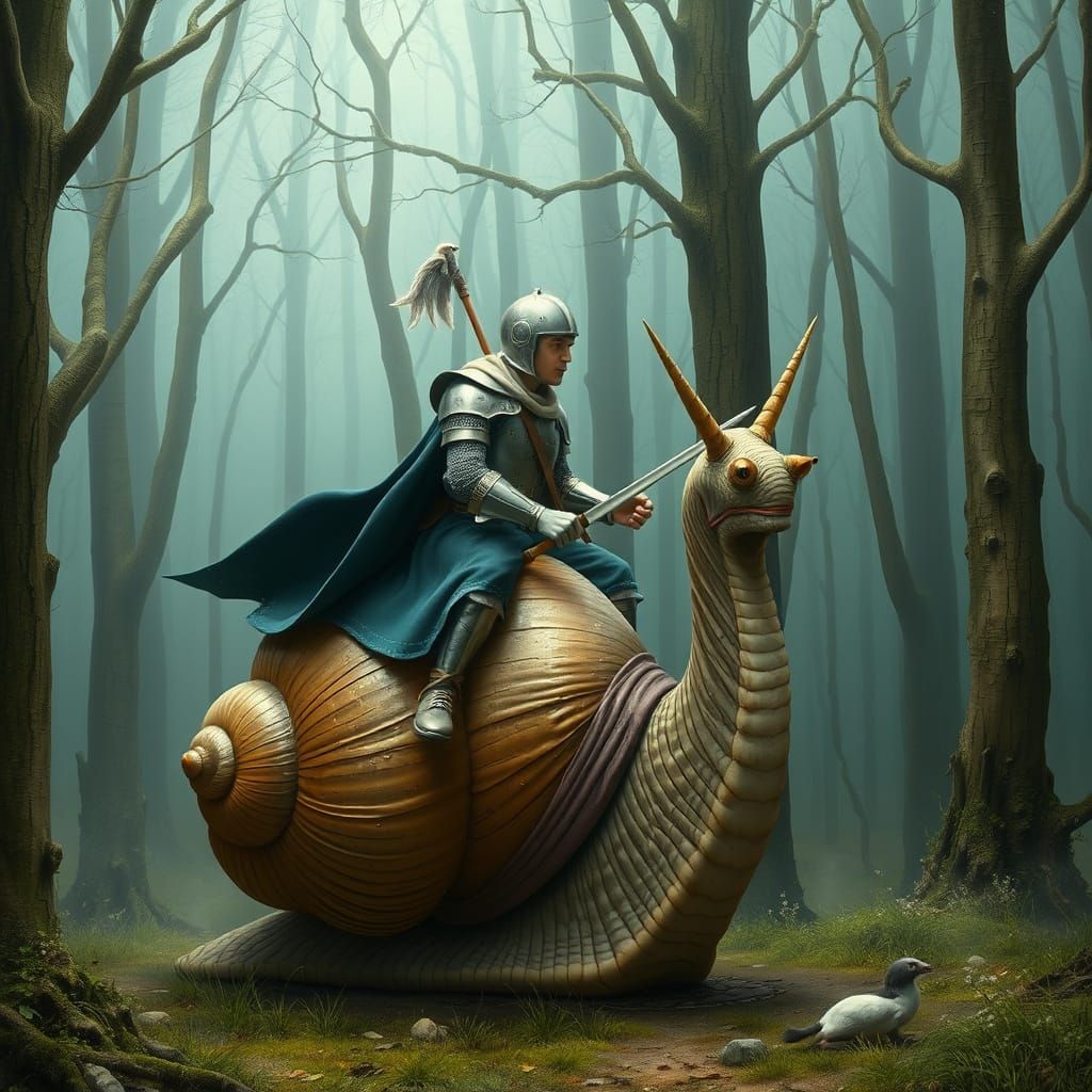 Knight Rides Giant Snail Through Misty Forest