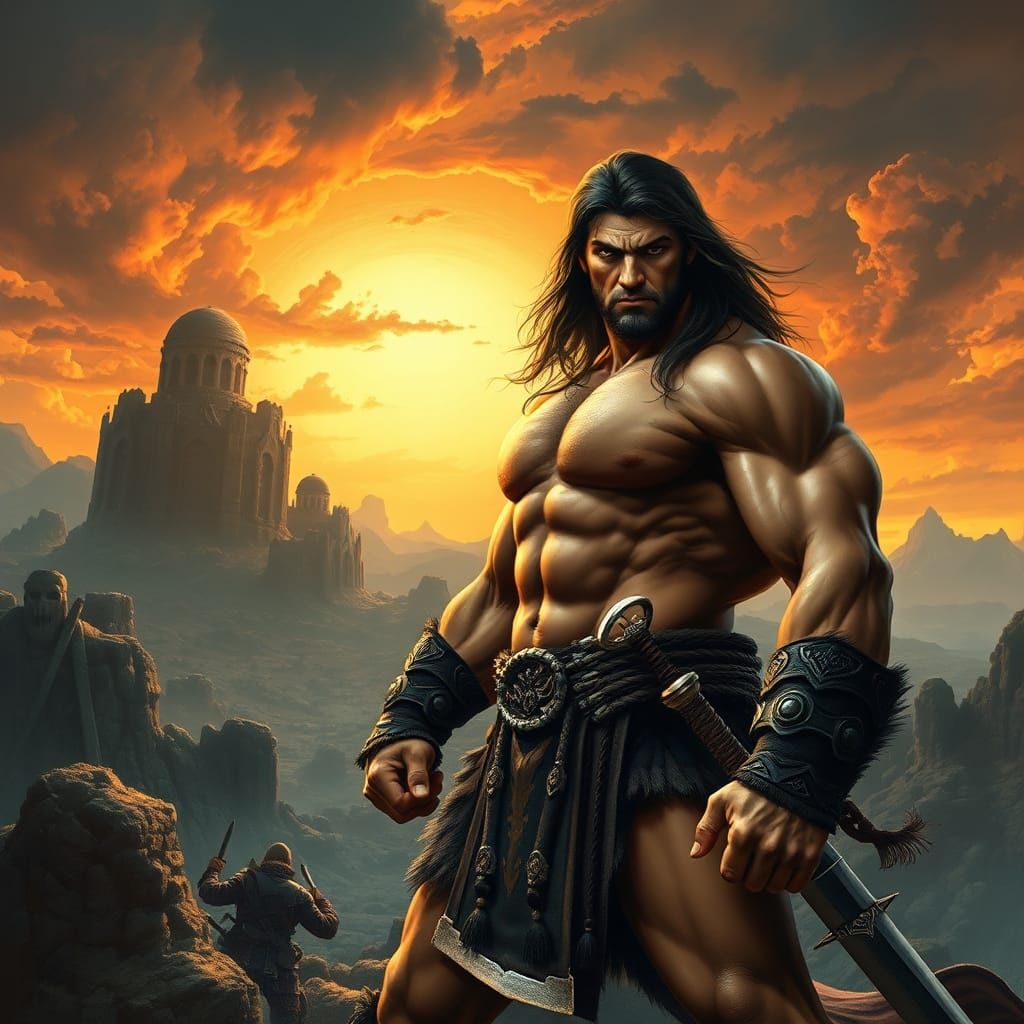 Heroic Conan-esque Warrior in Dramatic Landscape