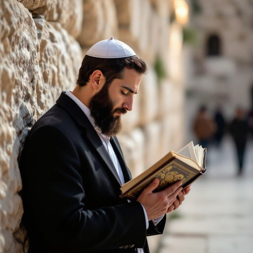 Man Prays at Western Wall with Siddur in Soft Daylight