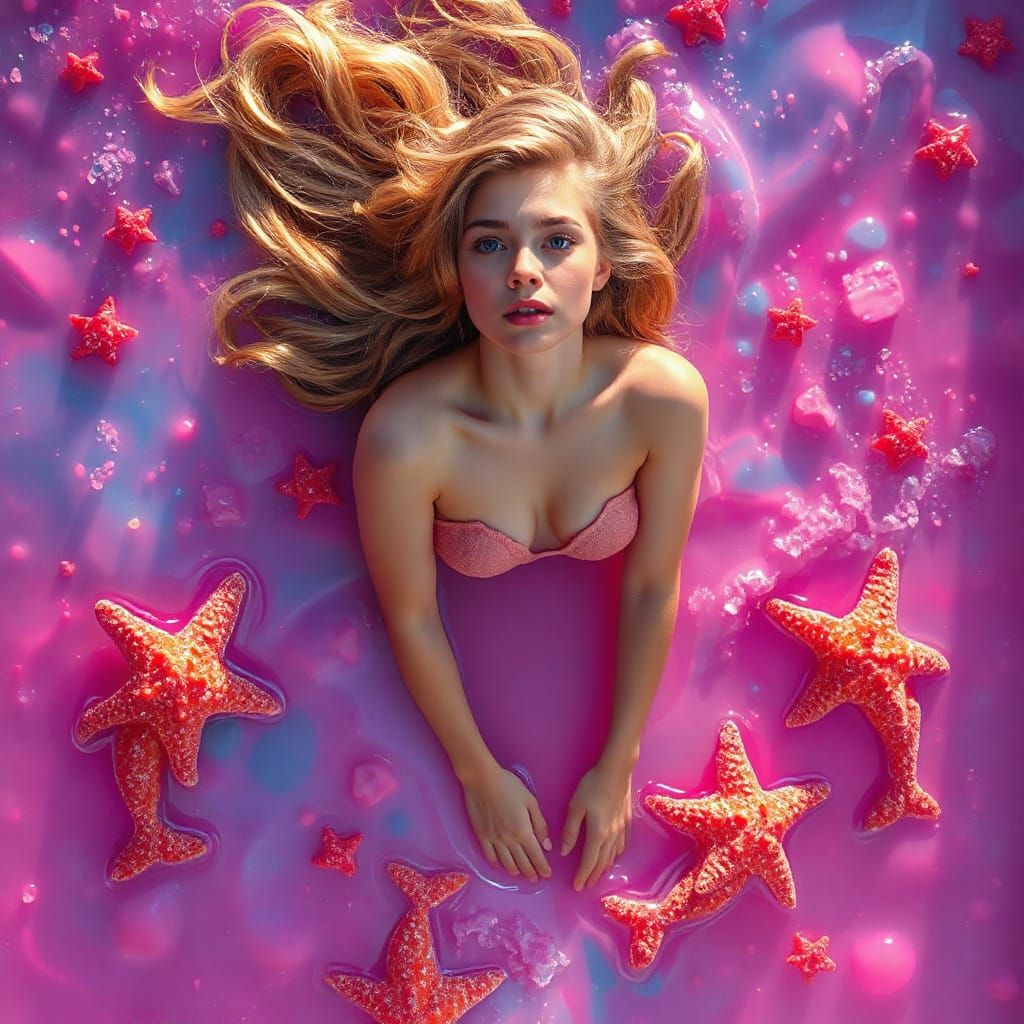 Woman Floats on Soda Sea with Candy Dolphins