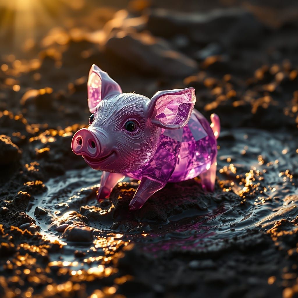 Crystal Amethyst Pig Plays in Mud
