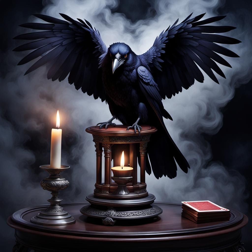 Raven with Ace of Spades in Dark Fantasy Style