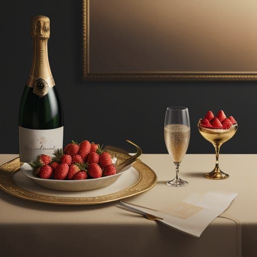 Luxurious Still Life with Ripe Strawberry and Champagne
