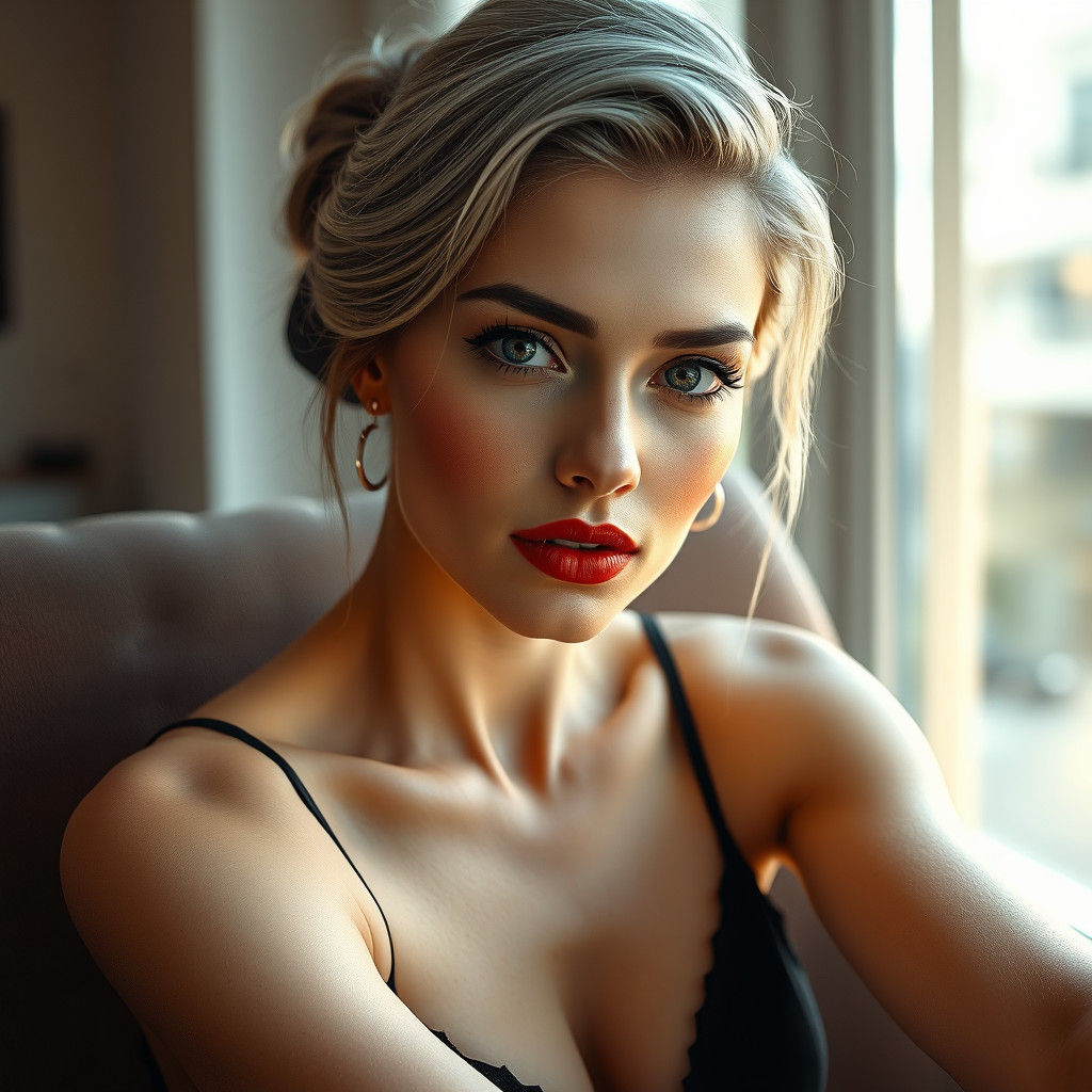 Elegant Woman with Grey Eyes and Red Lips