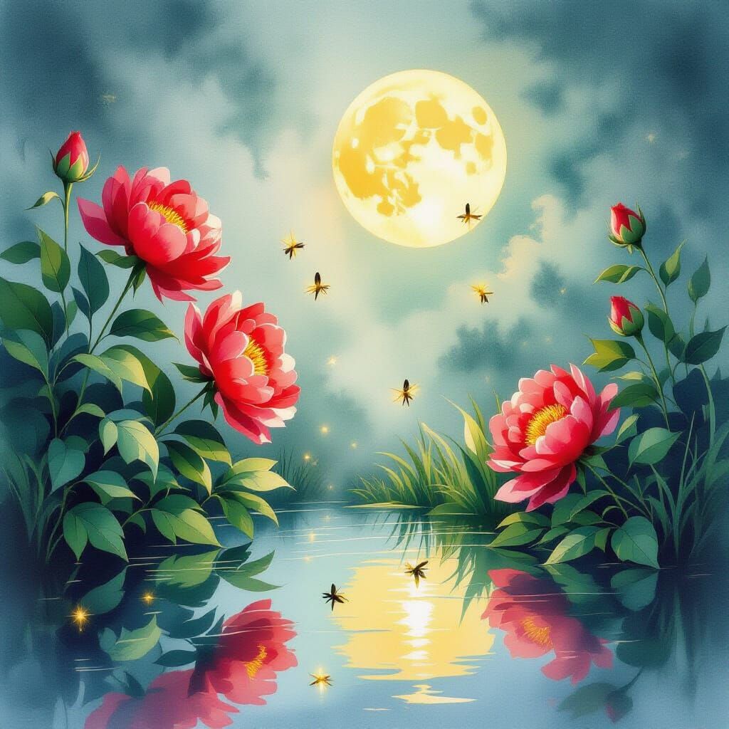 Vivid Watercolor Peonies & Fireflies in Moonlight