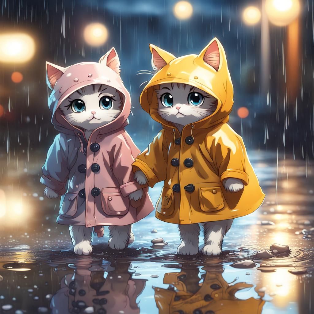 Chibi Kittens Play in Puddles: Anime Style