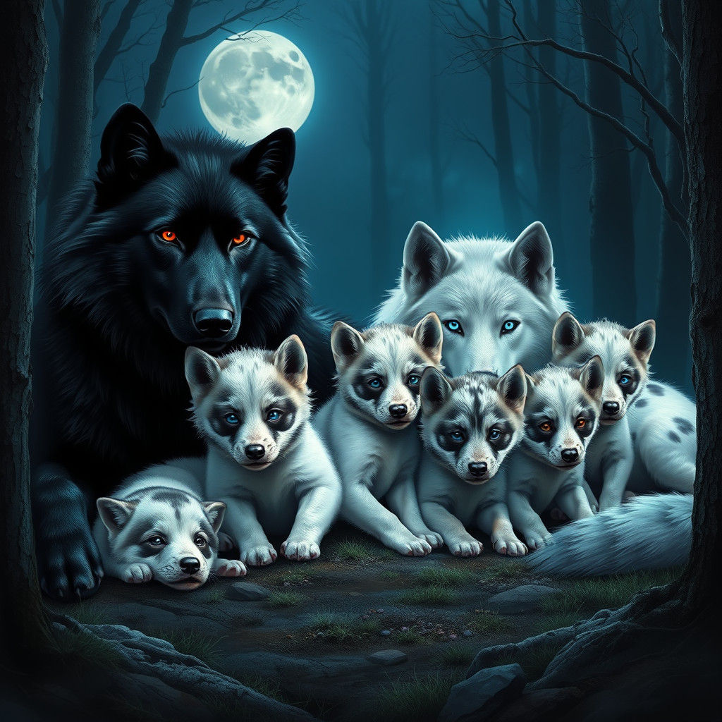 Wolves and Pups in Mystical Forest Art