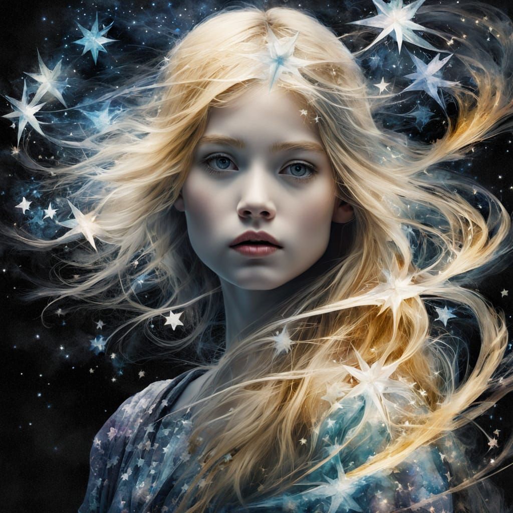 Ethereal Wizardess Among Starry Skies in Stylized Watercolor