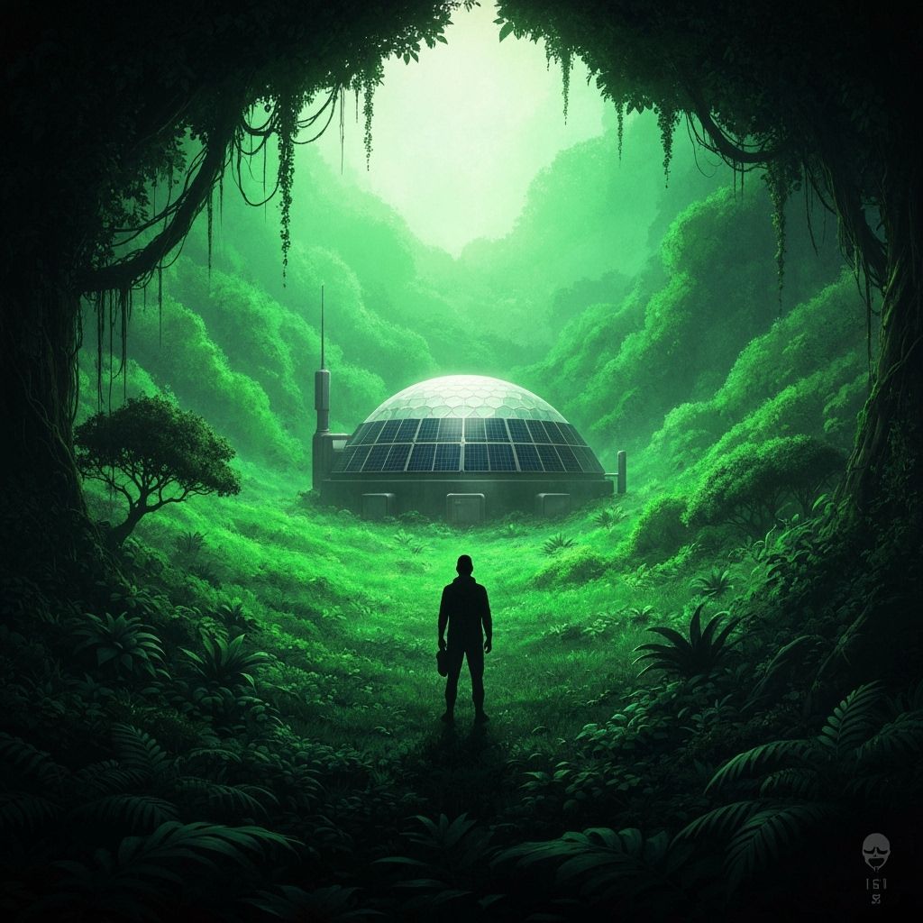 Dystopian Green Landscape with Dome in Matte Painting Style